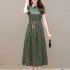 Retro French Printed Dress For Women Summer Short Sleeves Slim Fit Midi Skirt Lace up High Waist A line Skirt L8910 XL