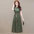 Retro French Printed Dress For Women Summer Short Sleeves Slim Fit Midi Skirt Lace up High Waist A line Skirt L8910 M