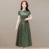 Retro French Printed Dress For Women Summer Short Sleeves Slim Fit Midi Skirt Lace up High Waist A line Skirt L8910 3XL