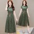Retro French Printed Dress For Women Summer Short Sleeves Slim Fit Midi Skirt Lace up High Waist A line Skirt L8910 XL