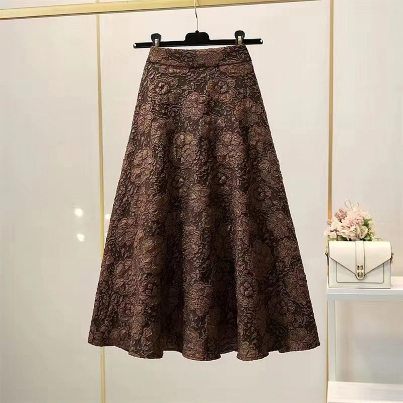 Retro High Waist Skirt For Women Elegant Hollow-out Floral Large Swing Skirt For Party Dance Performances dark brown XL