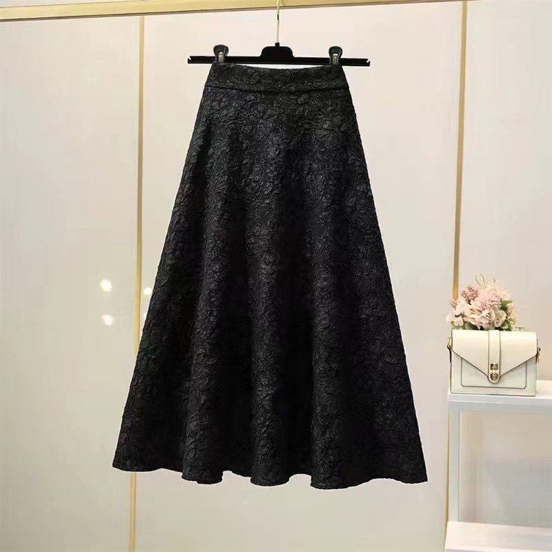 Retro High Waist Skirt For Women Elegant Hollow-out Floral Large Swing Skirt For Party Dance Performances black 3XL