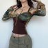 Retro Long Sleeves T shirt For Women Sexy V neck Lace up Blouse Slim Fit Casual Tops MCT02541 Brown L