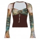 Retro Long Sleeves T-shirt For Women Sexy V-neck Lace-up Blouse Slim Fit Casual Tops brown M