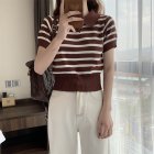 Retro Short Sleeves Knitted T-shirt For Women Fashion Striped Lapel Pullover Crop Top coffee color one size