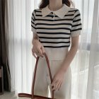 Retro Short Sleeves Knitted T-shirt For Women Fashion Striped Lapel Pullover Crop Top White one size