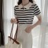 Retro Short Sleeves Knitted T shirt For Women Fashion Striped Lapel Pullover Crop Top blue one size