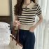 Retro Short Sleeves Knitted T shirt For Women Fashion Striped Lapel Pullover Crop Top blue one size