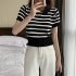 Retro Short Sleeves Knitted T shirt For Women Fashion Striped Lapel Pullover Crop Top blue one size