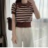 Retro Short Sleeves Knitted T shirt For Women Fashion Striped Lapel Pullover Crop Top blue one size