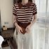 Retro Short Sleeves Knitted T shirt For Women Fashion Striped Lapel Pullover Crop Top blue one size