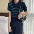 Retro Short Sleeves Knitted T shirt For Women Fashion Striped Lapel Pullover Crop Top blue one size