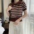 Retro Short Sleeves Knitted T shirt For Women Fashion Striped Lapel Pullover Crop Top blue one size