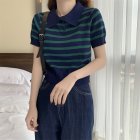 Retro Short Sleeves Knitted T-shirt For Women Fashion Striped Lapel Pullover Crop Top blue one size