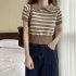Retro Short Sleeves Knitted T shirt For Women Fashion Striped Lapel Pullover Crop Top blue one size