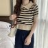 Retro Short Sleeves Knitted T shirt For Women Fashion Striped Lapel Pullover Crop Top blue one size