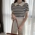 Retro Short Sleeves Knitted T shirt For Women Fashion Striped Lapel Pullover Crop Top blue one size