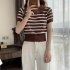 Retro Short Sleeves Knitted T shirt For Women Fashion Striped Lapel Pullover Crop Top blue one size