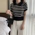 Retro Short Sleeves Knitted T shirt For Women Fashion Striped Lapel Pullover Crop Top blue one size