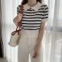 Retro Short Sleeves Knitted T shirt For Women Fashion Striped Lapel Pullover Crop Top blue one size
