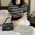 Retro Short Sleeves Knitted T shirt For Women Fashion Striped Lapel Pullover Crop Top blue one size