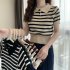 Retro Short Sleeves Knitted T shirt For Women Fashion Striped Lapel Pullover Crop Top blue one size
