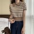 Retro Short Sleeves Knitted T shirt For Women Fashion Striped Lapel Pullover Crop Top blue one size