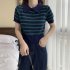 Retro Short Sleeves Knitted T shirt For Women Fashion Striped Lapel Pullover Crop Top blue one size