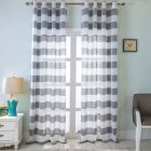 Retro Style Striped Printing Tulle Curtain for Living Room Bedroom Window Decor Punching Style gray W 107cm  H 213cm