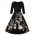 Retro Style V neck Dress for Women Elegant Goose Printd Casual Dress with Waistband Black