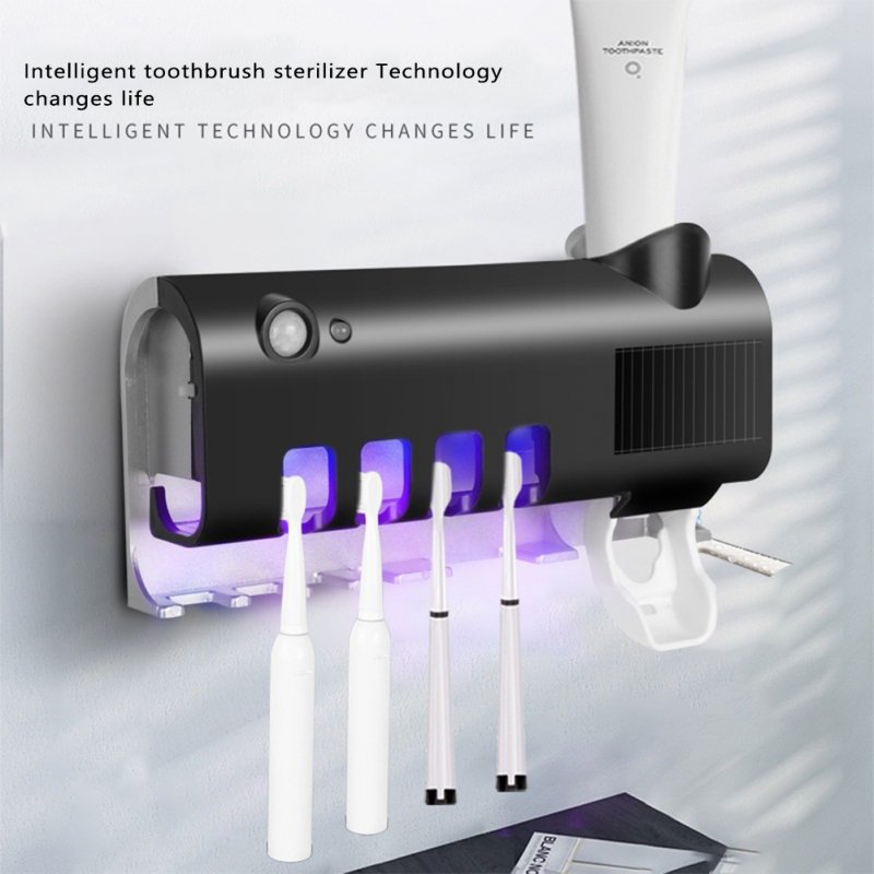 Perforation-free Wall-mounted Toothbrush  Holder Solar Energy-storage Design Intelligent Uv Toothbrush Rack Toothpaste Dispenser Black_Induction disinfection
