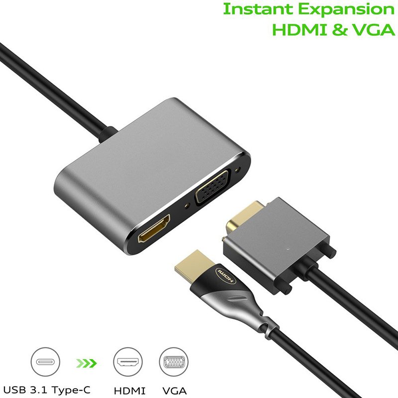 USB 3.1 Type-C to HDMI VGA Adapter 2 in 1 VGA HDMI 4K UHD Dual Screen Display Adapter  