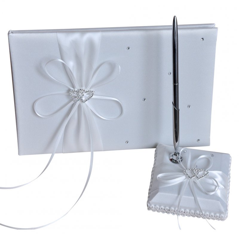 Ribbon Bow Wedding  Supplies Set Guest Signature Book+pen Holder For Party White