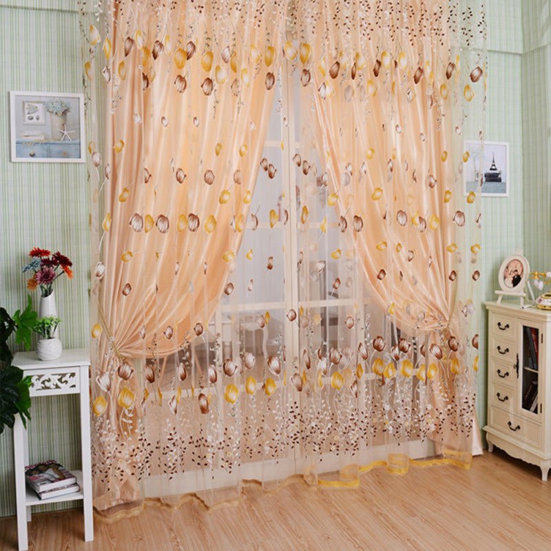 Romantic Tulips Window Voile Curtain Creative Floral Translucent Tulle Door Drape - 3 Colors for Choice coffee_1x2m