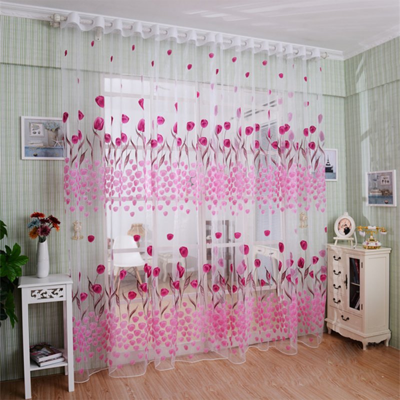 Romantic Window Door Tulip Print Voile Sheer Curtain Drape Creative Floral Translucent Tulle Divider Valance Pink Pink_100 * 200cm