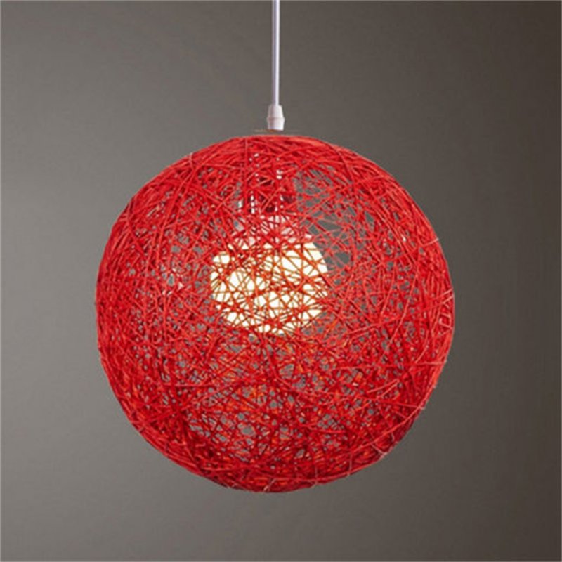 Round Concise Hand-woven Rattan Vine Ball Pendant Lampshade Light Lamp Shades Light Accessories(15cm Diameter) Red + accessories (lamp holder, wire)