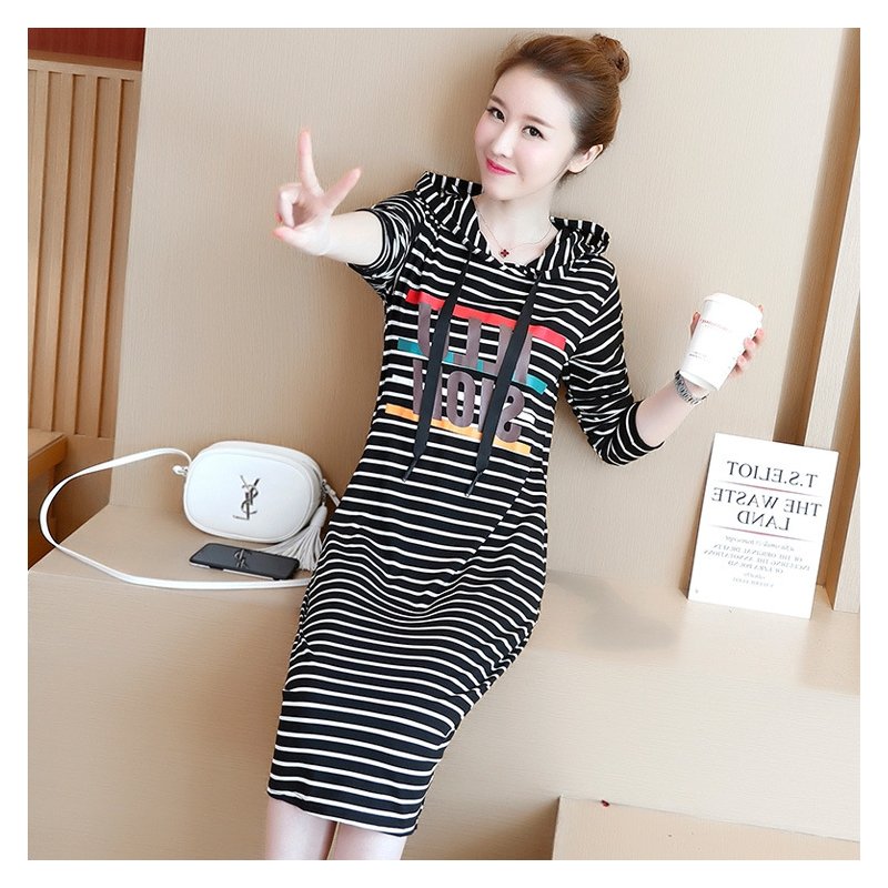 Round Neck Loose Knee Length Dress Hooded Dress with Drawstring Hat  striped_M
