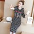 Round Neck Loose Knee Length Dress Hooded Dress with Drawstring Hat  striped M