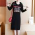 Round Neck Loose Knee Length Dress Hooded Dress with Drawstring Hat  black 2XL