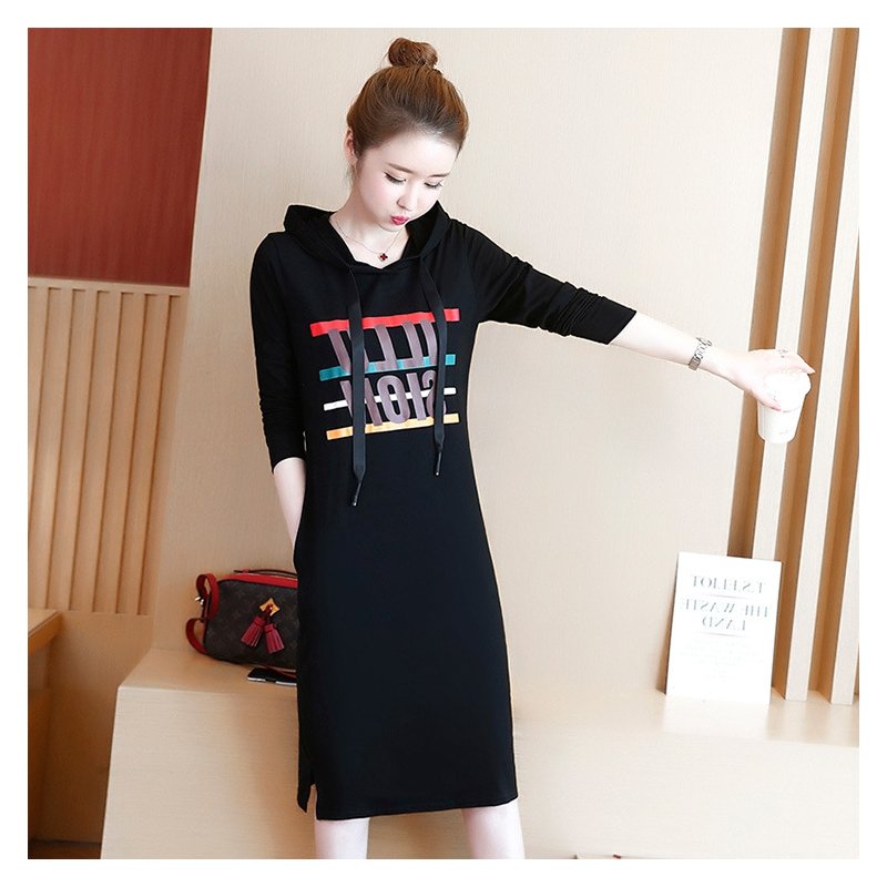 Round Neck Loose Knee Length Dress Hooded Dress with Drawstring Hat  black_L