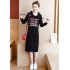Round Neck Loose Knee Length Dress Hooded Dress with Drawstring Hat  black L