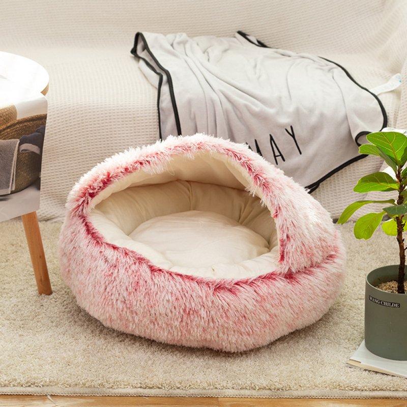Round Plush Warm Dog Bed Mini Nest House Semi-enclosed Deep Sleep Pet Mat Cushion Blanket Sleeping Bag Puppy Kennel Accessories 50cm_Semi-closed-gradient rose pink