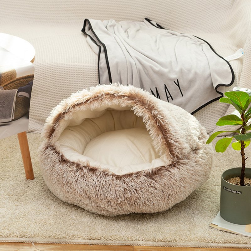 Round Plush Warm Dog Bed Mini Nest House Semi-enclosed Deep Sleep Pet Mat Cushion Blanket Sleeping Bag Puppy Kennel Accessories 60cm_Semi-closed-gradient coffee