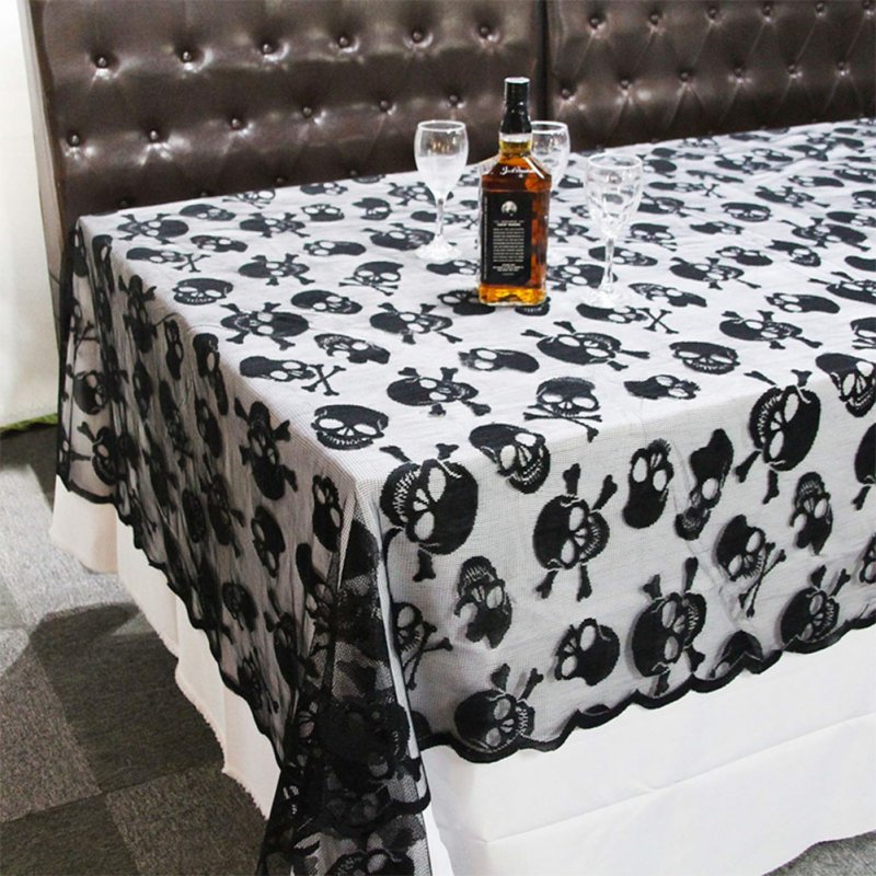 Round Shape Skull Skeleton Pattern Lace Table Cover for Halloween Party Decor black_52x70inch