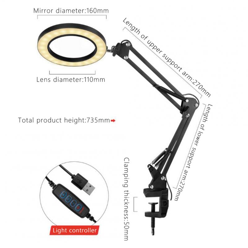 160mm Clip-on Magnifying Glass 10 Times with 3-color Led Lamp Magnifier for Reading Beauty Tattoo Embroideryn