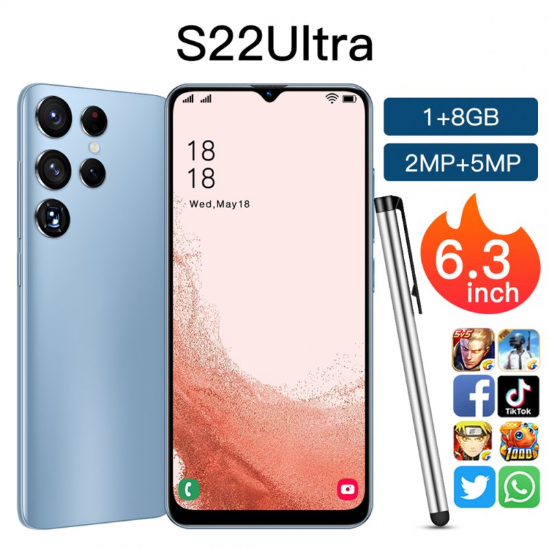 S22Ultra 6.3-inch Smartphone FHD Large Screen 2mp+5mp Camera 3000mah Battery Face Recognition Cellphones (1+8gb) blue_EU Plug