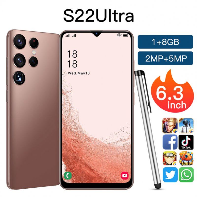 S22Ultra 6.3-inch Smartphone FHD Large Screen 2mp+5mp Camera 3000mah Battery Face Recognition Cellphones (1+8gb) gold_EU Plug