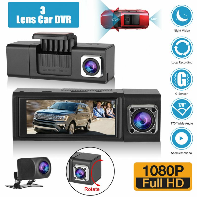 3 Lens Car DVR Driving Recorder G-sensor 1080p Front + Rear + Built-in Camera Dash Cam 