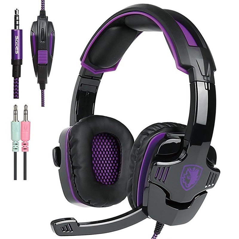 SADES SA-930 Professional Headset 3.5mm Gaming Headphones with 1 to 2 Cable for Computer Black purple
