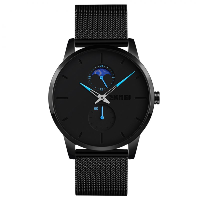 SKMEI Business Men Quartz Watch Round Dial 24 Hours Time Display Moon Phase Casual Sports Wristwatch blue